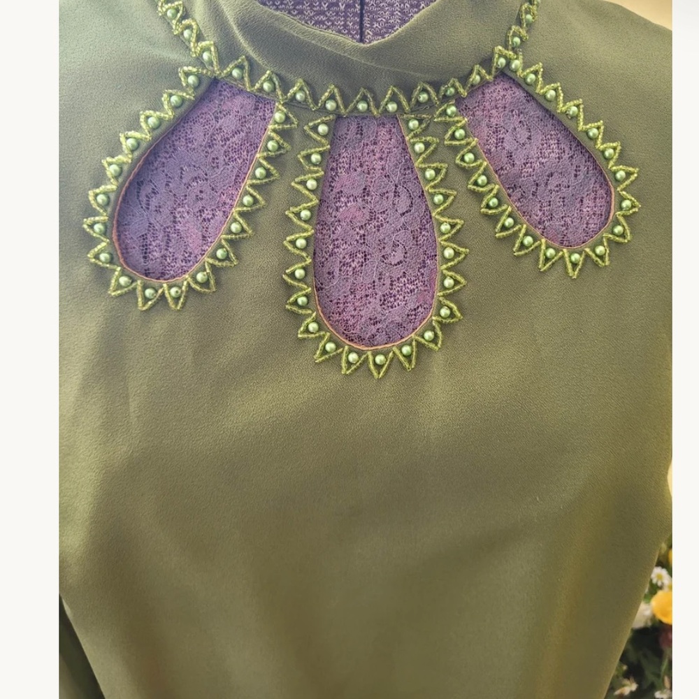Embellished Olive Green Long Sleeve Shift Dress - Picture 3 of 7